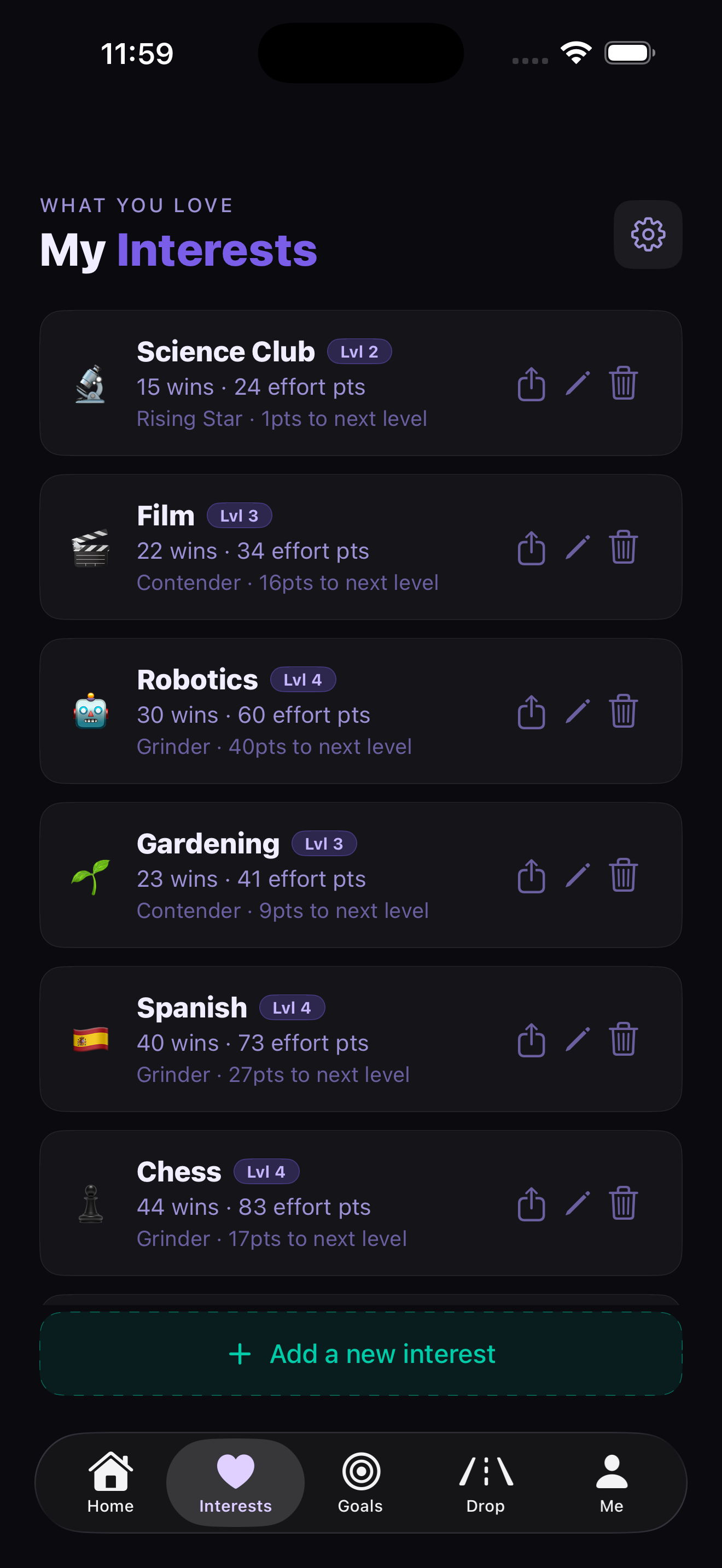 MyLane — Interests and levels