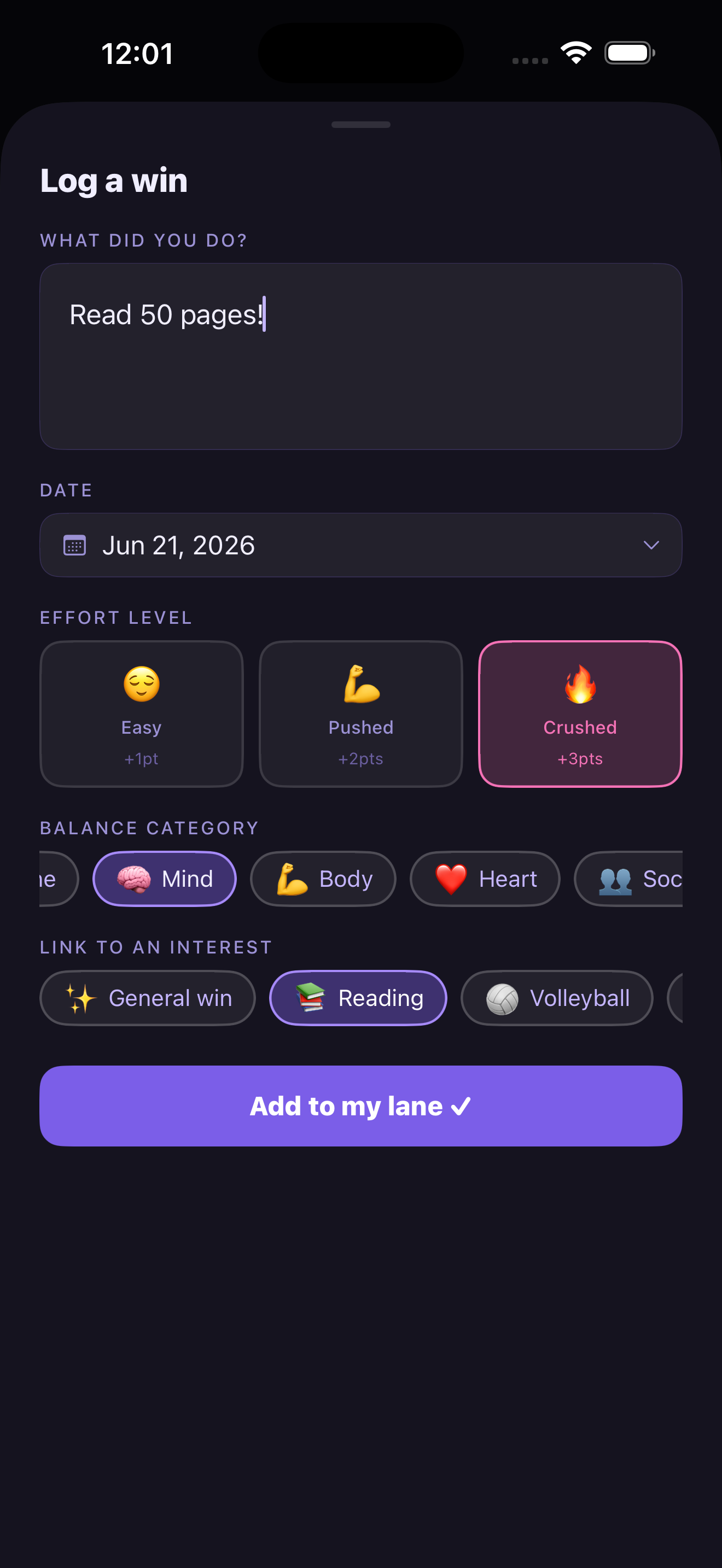 MyLane — Log a win